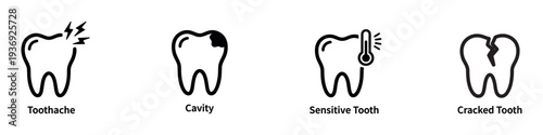 Dental problems and toothache icon set, cavity, sensitive and cracked tooth medical illustrations, flat line style. Vector Illustration.