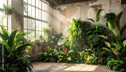Lush Indoor Jungle with Sunlight Streaming Through Large Windows