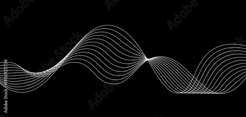 Abstract Futuristic Monochrome Wave Lines: A Series of Fluid White Curved Lines and Dynamic Sound Wave Patterns on a Minimalist Black Background for Digital Technology and Creative Design.