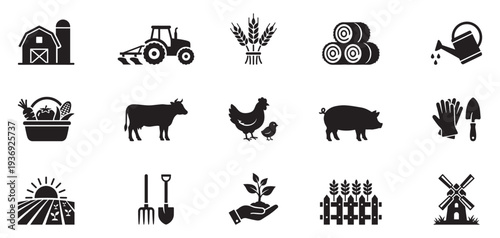 Farming icon set. Farm icon. Farm agriculture theme simple vector icon logo design set bundle illustration.