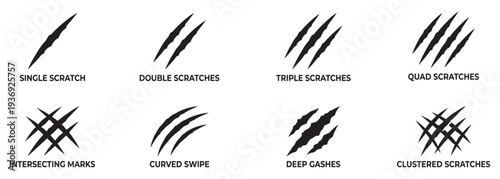 Collection of claws animal scratch vector icons. Animal claw scratch marks set, monster wild animal rip and slash gashes, predator attack traces, flat vector icons. Vector Illustration