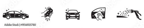 Car wash icons set. Auto car detailer icon. Washing, drying, polishing car parts. Automatic and self-service washing. Vector illustration. EPS 10