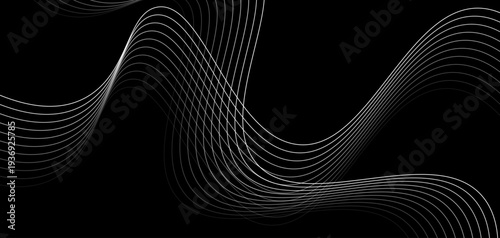 Abstract Futuristic Monochrome Wave Lines: A Series of Fluid White Curved Lines and Dynamic Sound Wave Patterns on a Minimalist Black Background for Digital Technology and Creative Design.