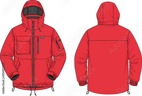 Red winter jacket mockup, front and back view hooded waterproof coat isolated on white background vector illustration