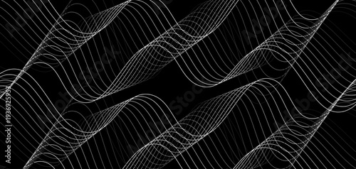 Abstract Futuristic Monochrome Wave Lines: A Series of Fluid White Curved Lines and Dynamic Sound Wave Patterns on a Minimalist Black Background for Digital Technology and Creative Design.