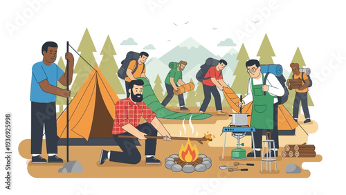 Camping Trip: People Setting Up Tent, Campfire, and Cooking Outdoors