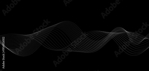 Abstract Futuristic Monochrome Wave Lines: A Series of Fluid White Curved Lines and Dynamic Sound Wave Patterns on a Minimalist Black Background for Digital Technology and Creative Design.