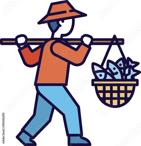 Street Vendor Carrying Fish Baskets Balanced On Shoulder Pole