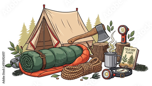 Camping Gear Assortment: Tent, Sleeping Bag, Axe, Compass, Lantern, and Field Guide