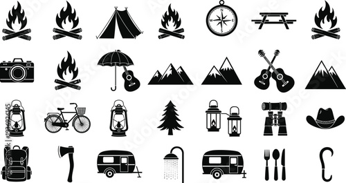 Black silhouette vector icons of camping and outdoor activities including tent, campfire, mountain, lantern, bicycle, backpack, fishing, and adventure gear