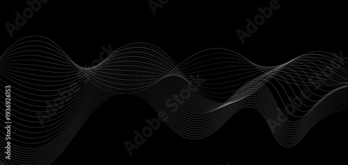 Abstract Futuristic Monochrome Wave Lines: A Series of Fluid White Curved Lines and Dynamic Sound Wave Patterns on a Minimalist Black Background for Digital Technology and Creative Design.