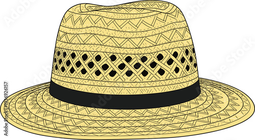 Straw fedora hat vector illustration, woven summer beach hat with black band isolated on white background design