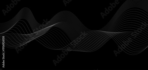 Abstract Futuristic Monochrome Wave Lines: A Series of Fluid White Curved Lines and Dynamic Sound Wave Patterns on a Minimalist Black Background for Digital Technology and Creative Design.