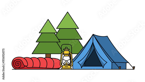 Camping Gear Set: Tent, Sleeping Bag, Lantern, and Trees