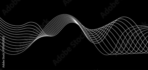 Abstract Futuristic Monochrome Wave Lines: A Series of Fluid White Curved Lines and Dynamic Sound Wave Patterns on a Minimalist Black Background for Digital Technology and Creative Design.