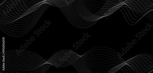 Abstract Futuristic Monochrome Wave Lines: A Series of Fluid White Curved Lines and Dynamic Sound Wave Patterns on a Minimalist Black Background for Digital Technology and Creative Design.
