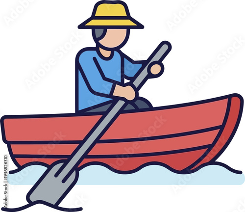 Man Rowing Small Boat With Oar On Water