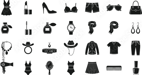 Black silhouette vector icons of fashion and beauty accessories including clothing, shoes, jewelry, cosmetics, and style essentials arranged in grid format