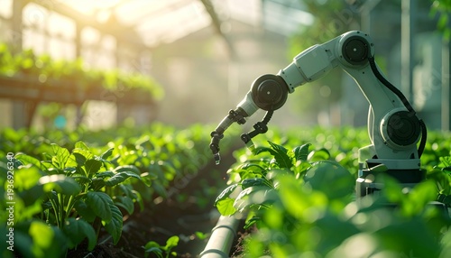 Robotic Arm in Greenhouse Nurturing Healthy Plant Growth