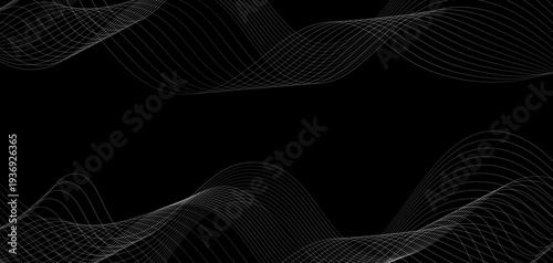 Abstract Futuristic Monochrome Wave Lines: A Series of Fluid White Curved Lines and Dynamic Sound Wave Patterns on a Minimalist Black Background for Digital Technology and Creative Design.