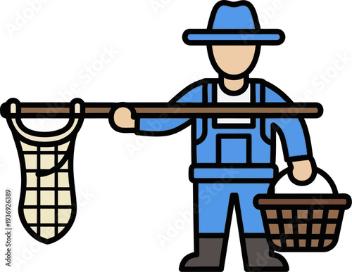 Fisherman Holding Long Net Pole With Basket Catch
