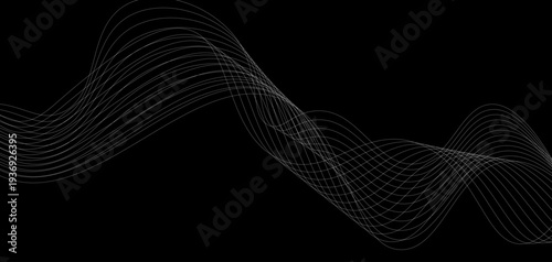 Abstract Futuristic Monochrome Wave Lines: A Series of Fluid White Curved Lines and Dynamic Sound Wave Patterns on a Minimalist Black Background for Digital Technology and Creative Design.