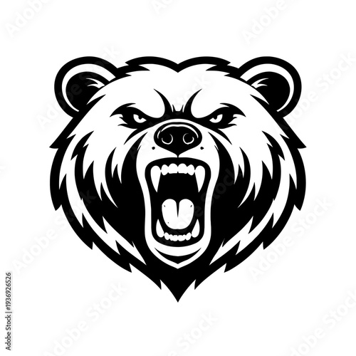 Powerful and ferocious grizzly bear head roaring fiercely with bared fangs, an aggressive black and white vector illustration perfect for dynamic sports mascots, team logos, wildlife designs, and robu