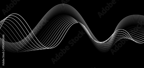 Abstract Futuristic Monochrome Wave Lines: A Series of Fluid White Curved Lines and Dynamic Sound Wave Patterns on a Minimalist Black Background for Digital Technology and Creative Design.