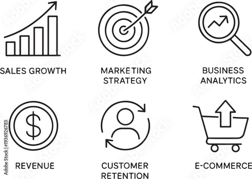 Business Growth & Marketing Analytics Line Icons – Revenue, E-commerce Thin Stroke Set