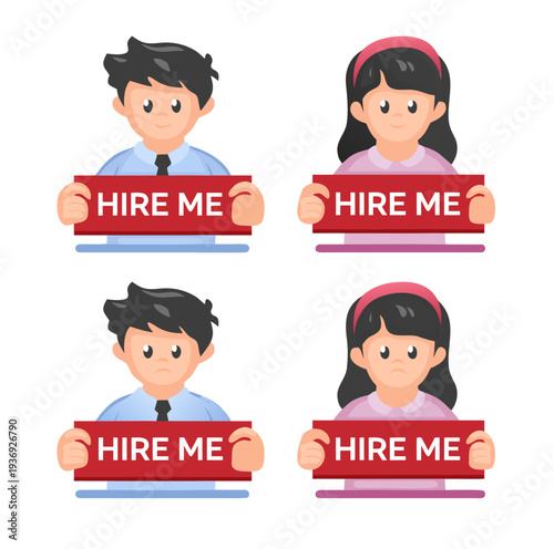 Man And Woman Holding Board Hire Me Message With Sad And Happy Expression Employee Job Seeker Symbol Illustration Vector