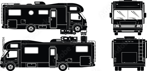 Black and white vector silhouette set of a Class C motorhome camper van including front, back, and side view elevations.