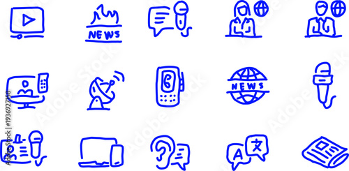 Collection of blue line media and communication icons including news, interview, translation, satellite, phone, video, and broadcasting symbols.