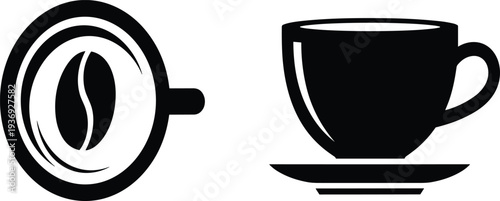 Black Coffee Cup Silhouette Set Featuring Top View with Coffee Bean and Side View with Saucer Isolated on White Background,