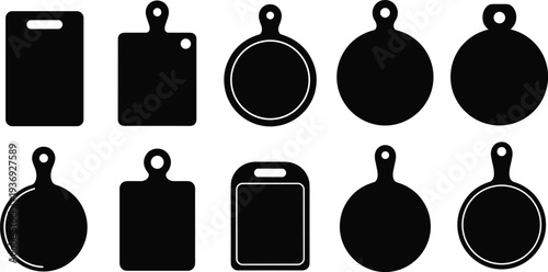 Black Cutting Board Silhouette Set Featuring Various Shapes and Handles Isolated on White Background for Kitchenware and Culinary Logo Designs,