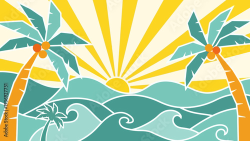 Tropical Sunset Beach Scene with Palm Trees and Ocean Waves