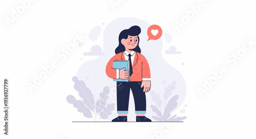 A person in a suit holding a book, with a heart icon above