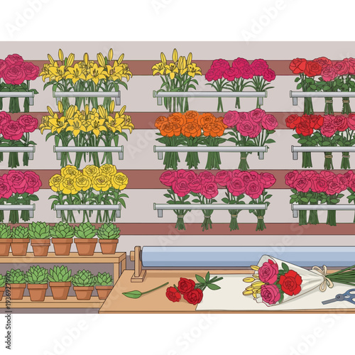 Floral arrangement on a worktable surrounded by multiple potted plants on shelves