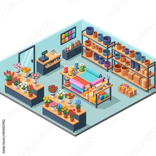 Isometric view of a craft workshop with tables, shelves, and various craft supplies