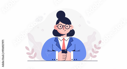 Professional woman in blue suit and tie, wearing glasses, holding smartphone