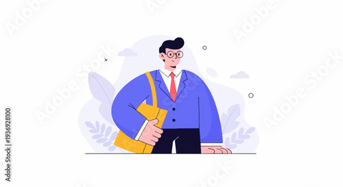 Cartoon man in blue suit and red tie, holding yellow bag, with abstract foliage background