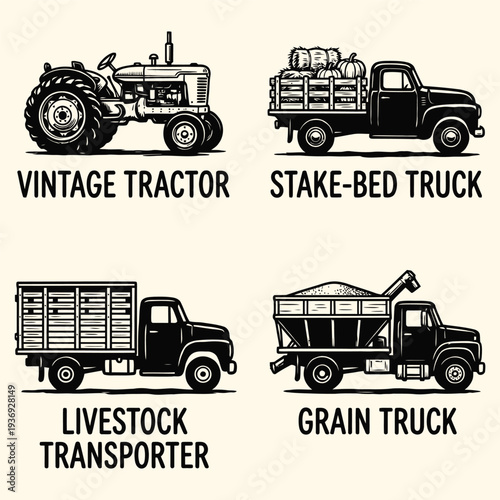 Farm Vehicle Icons Vintage Tractor Set