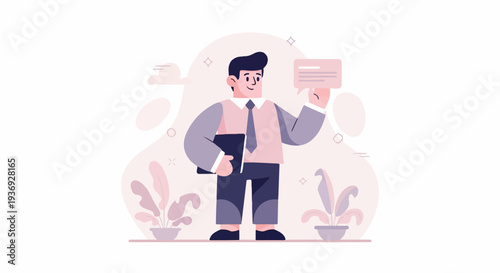 Friendly man in suit holding a folder and speech bubble against abstract shapes and plants