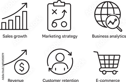 Business Growth & Marketing Analytics Line Icons – Revenue, E-commerce Thin Stroke Set