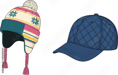 Winter hat and baseball cap vector set, knitted earflap beanie with pompom and blue quilted snapback isolated