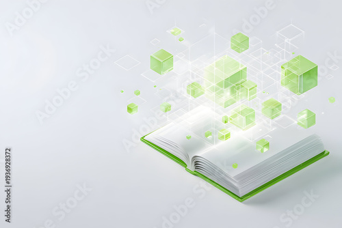 Open book with green cubes floating above it in a simple layout showing ideas and creativity in design