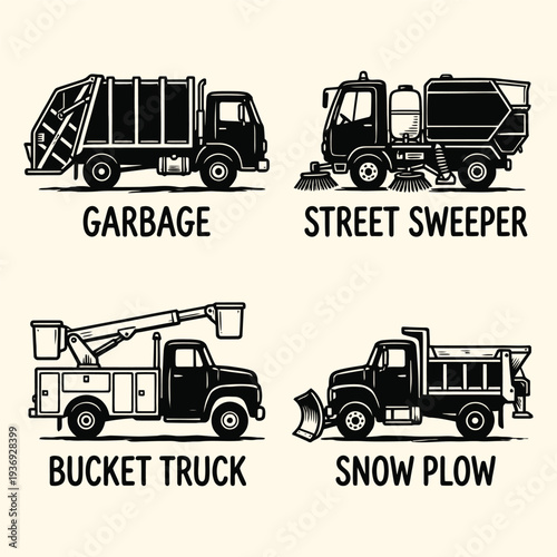 Utility Vehicle Icons Garbage Truck and Sweeper Set