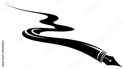 A black pen with a long ink trail on a white background, representing writing