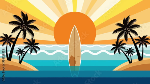 Tropical Beach Sunset with Surfboard and Palm Trees - Vector Illustration