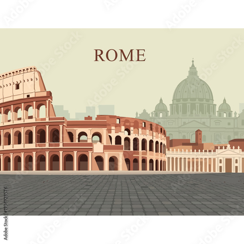 Ancient Rome Colosseum and Vatican Cityscape Illustration from a High Viewpoint