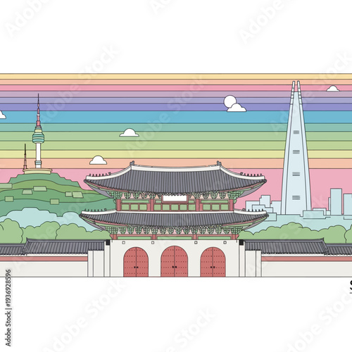 Traditional Korean Architecture in Harmony with Modern Singapore Landscape Scene Illustration